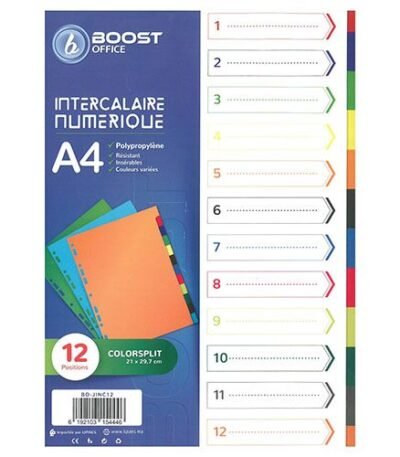 Jeux de 12 Intercalaires couleurs en plastique BOOST OFFICE Réf : BO-JINC12